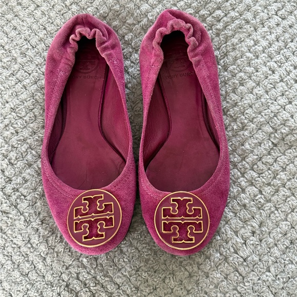 Tory Burch Shoes - Tory Burch Fuchsia Suede Flats with Gold Logo